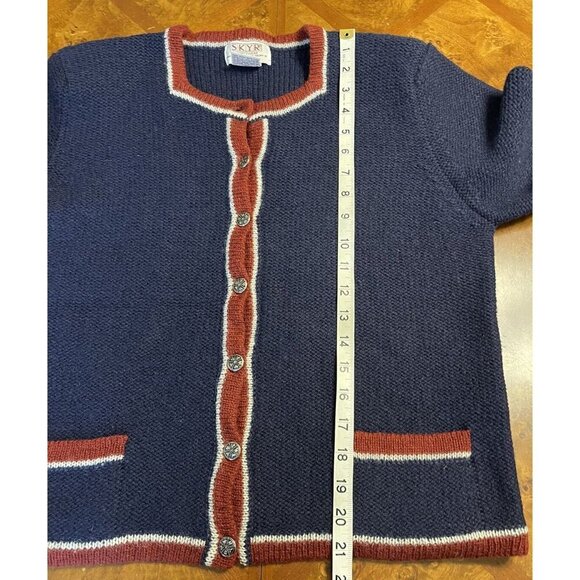 90s Vtg Womens Skyr Shetland Wool Cardigan Sweater Button Front Blue Red 38 Flaw - Picture 10 of 11